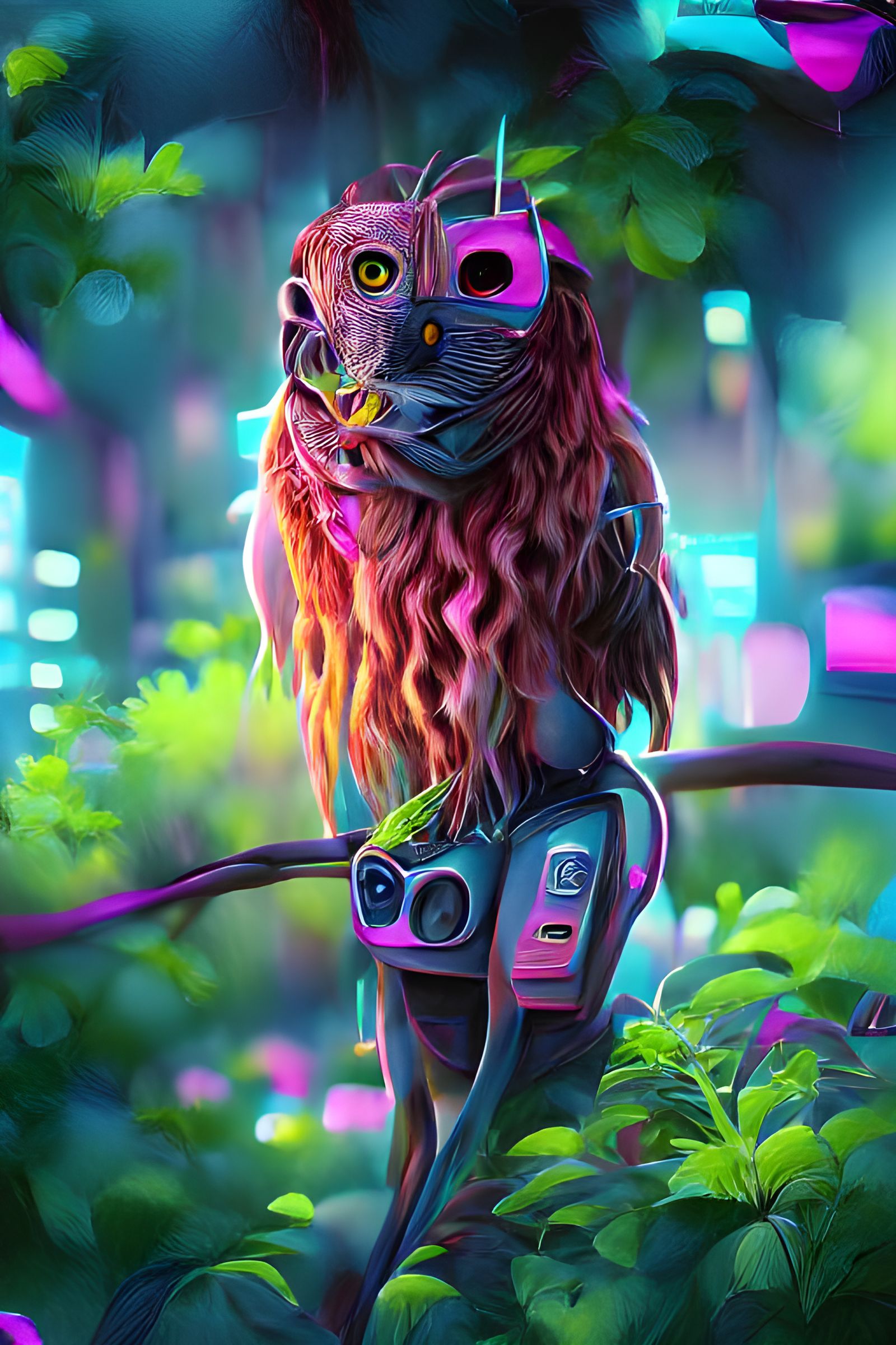 Cyberpunk Owl Hybrid with Dreadlocks in Nature