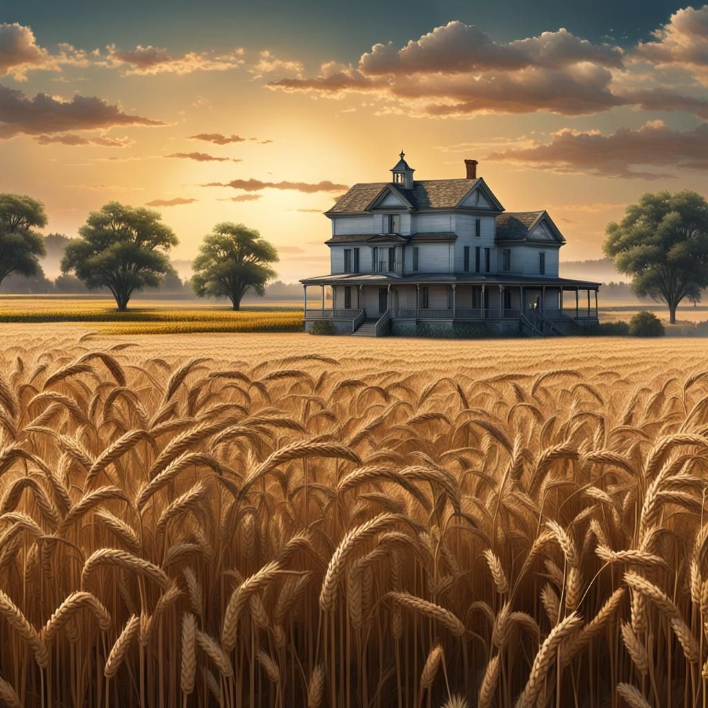Civil War Era Plantation View in Wheat Field