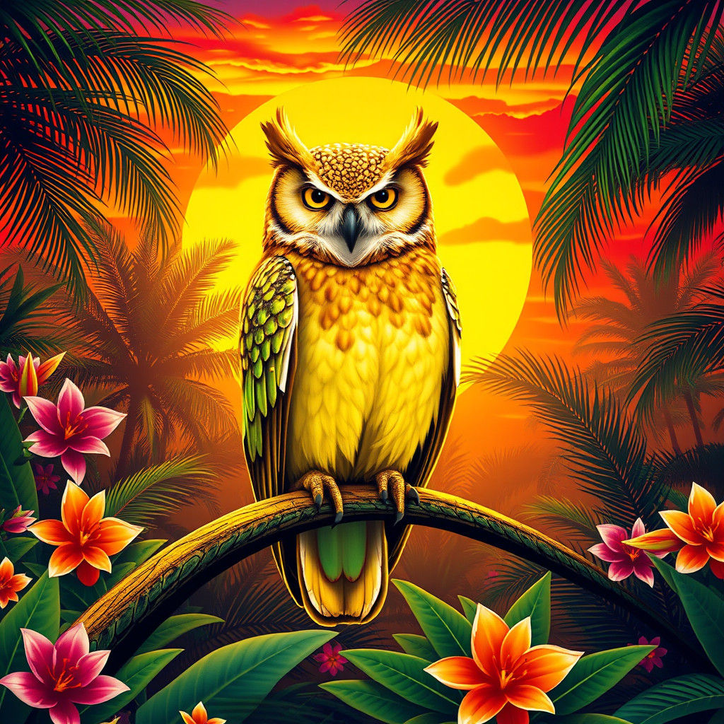 Iridescent Owl in Tropical Paradise