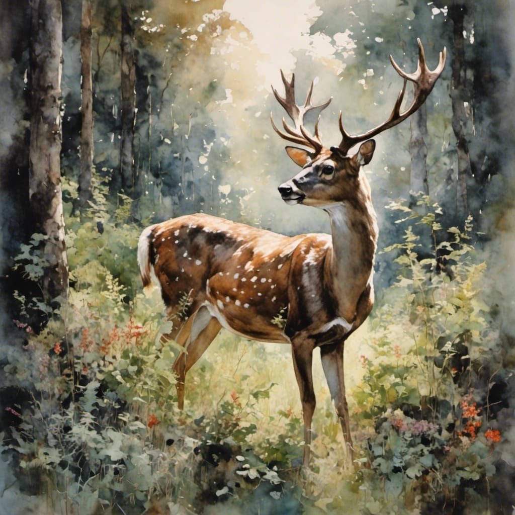 Deer in Forest Glade: Watercolor Painting