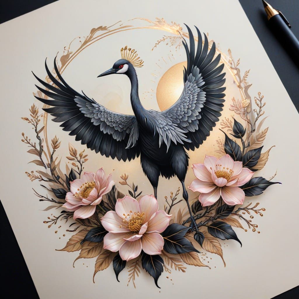 Crane Tattoo Designs in Sfumato Style