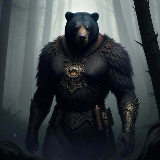 Eerie Teddy Bear in Dark Fantasy Forest