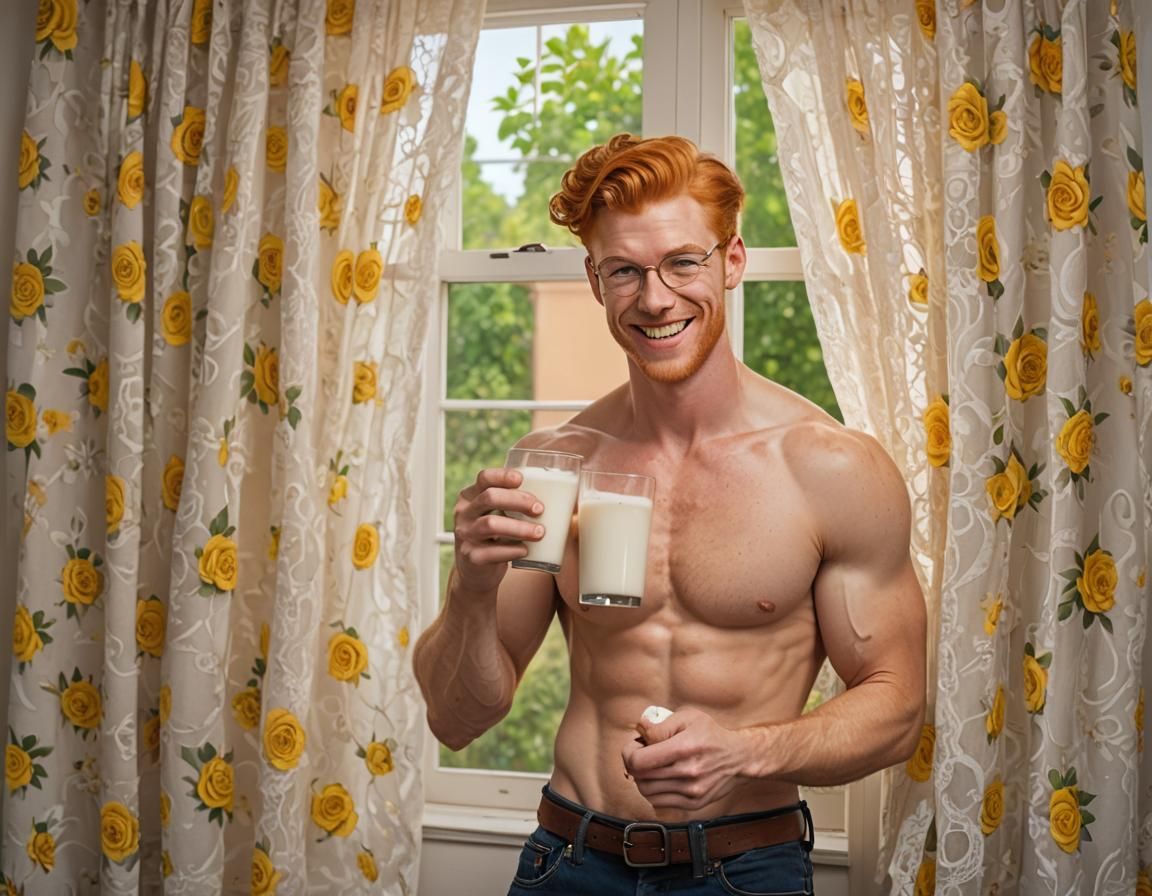 Redhead Hunk Pin-Up with Milk and Roses