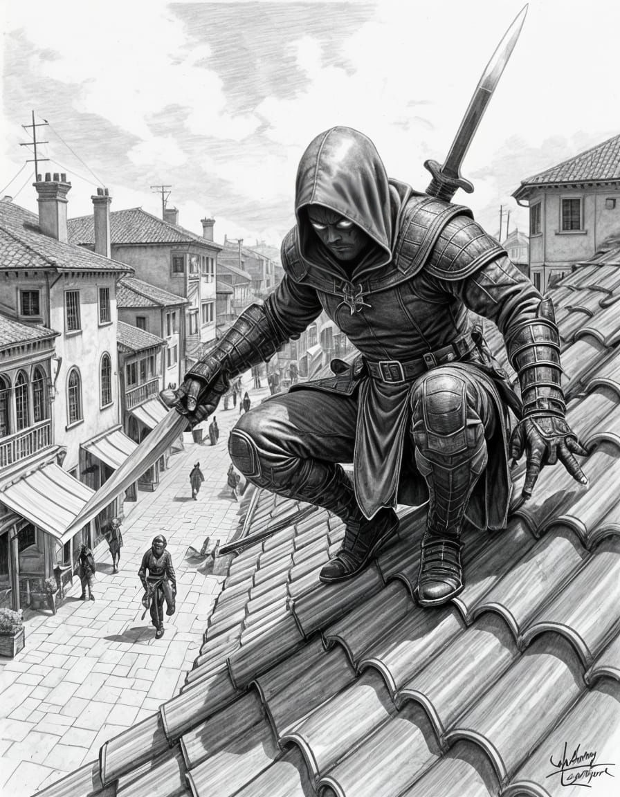 Assassin on Rooftop, Pencil Sketch by Larry Elmore