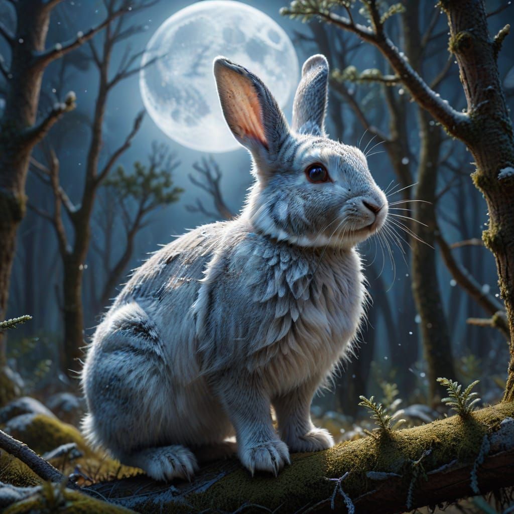 Arctic Rabbit in Moonlit Forest: Fantasy Book Cover Art