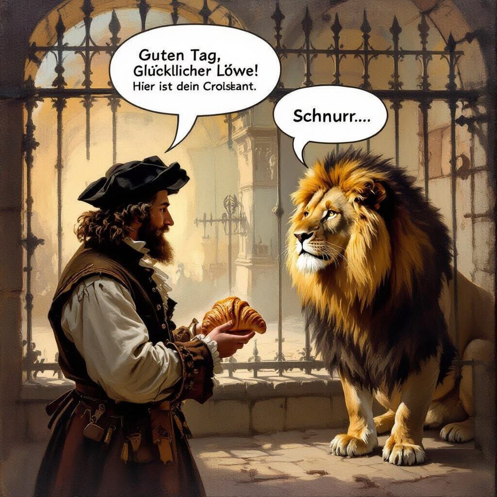 Man Offers Croissant to Friendly Lion in Oil Painting Style