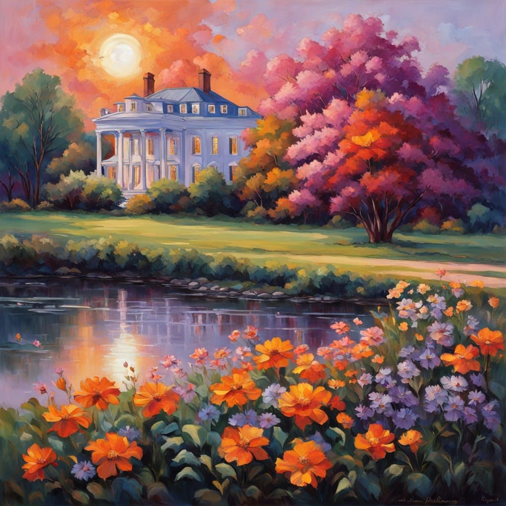 White House at Sunset with Vibrant Floral Landscape