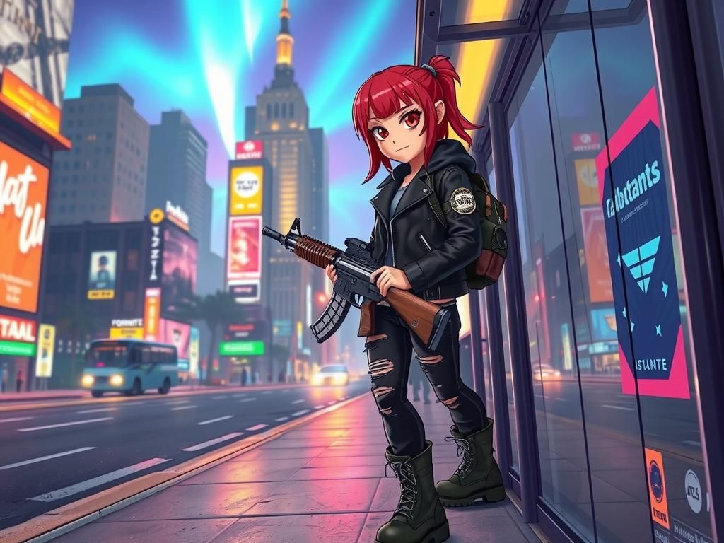Girl With AK-47 in Neon Cyberpunk Cityscape