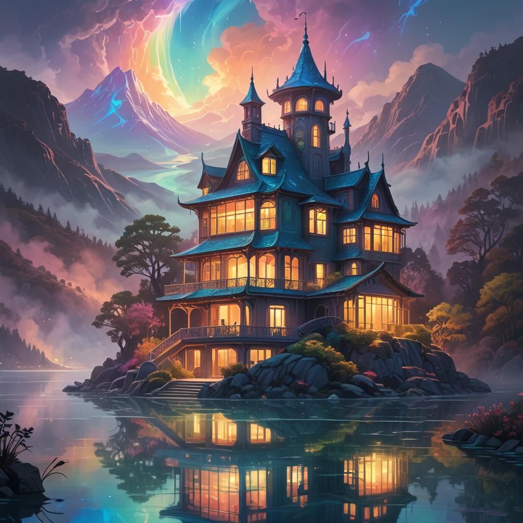 Serpent House on Misty Lake in Fauvist Style