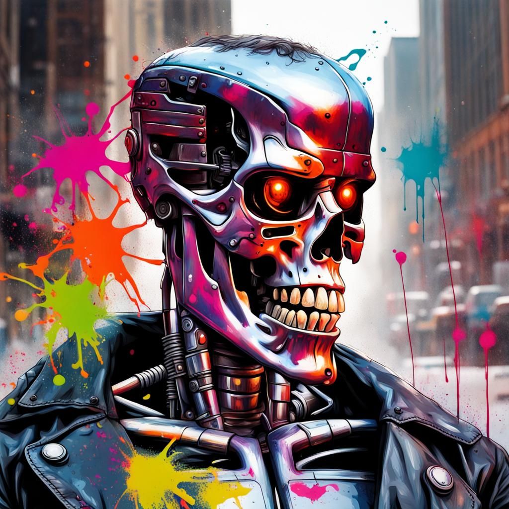 Smiling Terminator Graffiti Art in Polychromatic Style