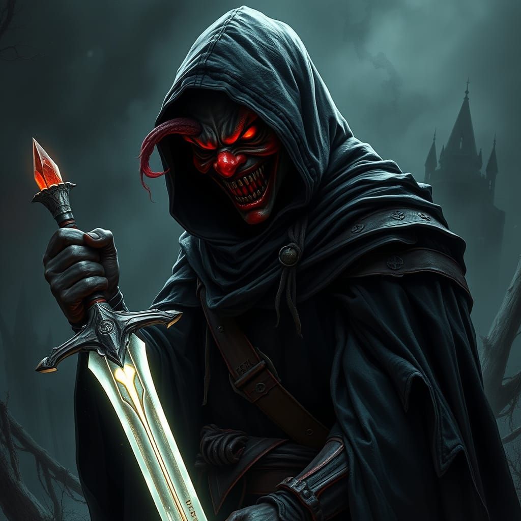 Dark Warrior in Tattered Robes with Red Clown Mask, Holding ...