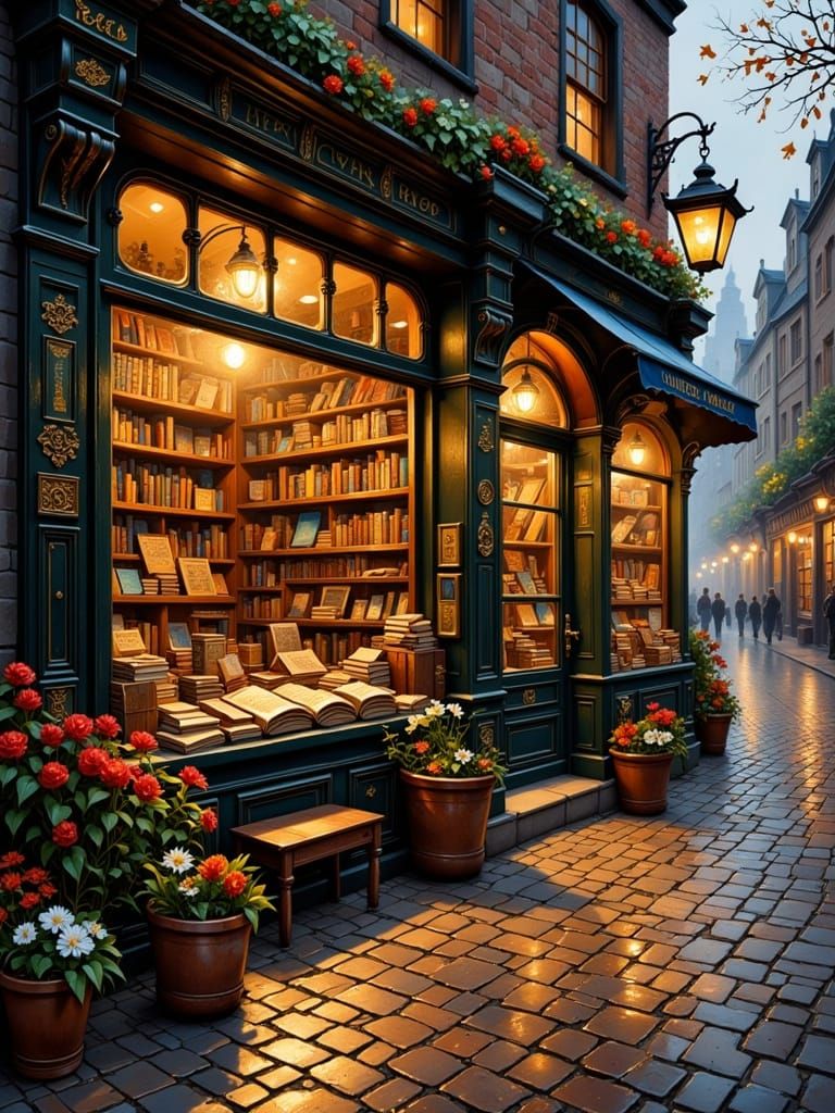 Cozy Old Bookshop on Bustling City Street