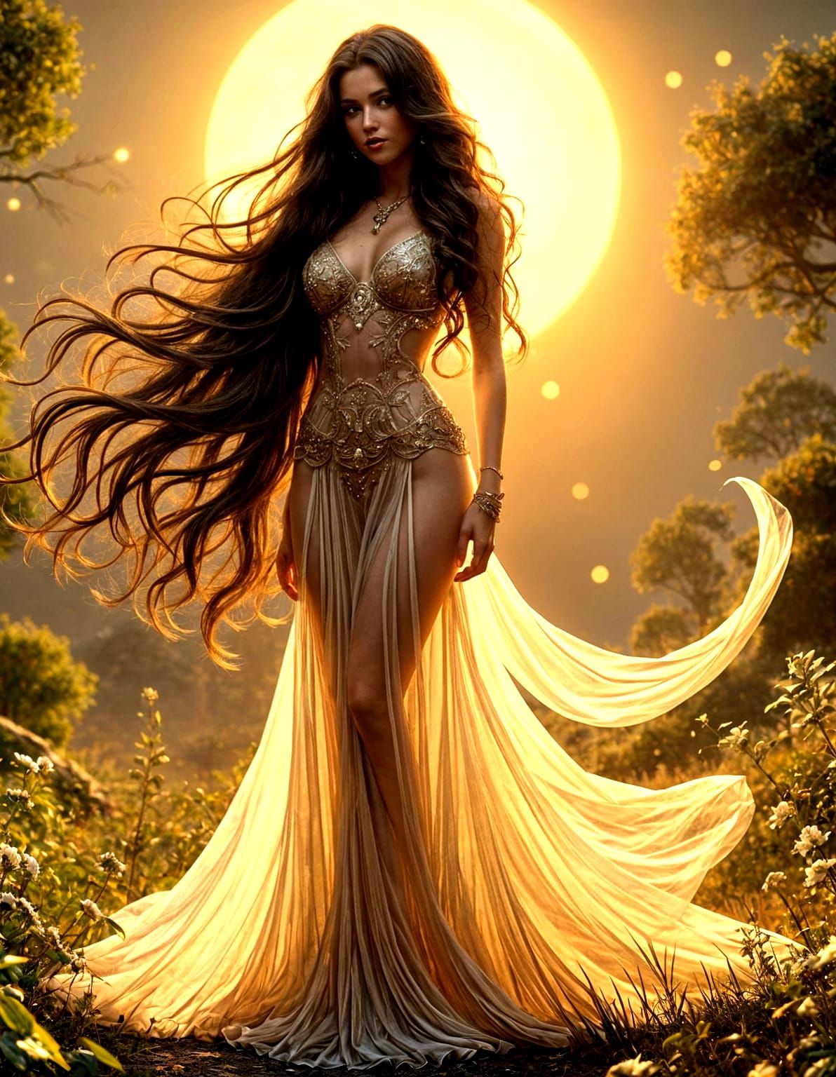 Art Nouveau Punk Woman in Moonlight, Pin-Up Style