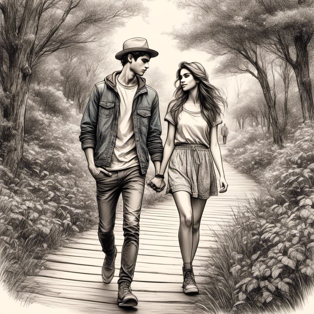 Teenage Couple Walking in Park: Detailed Color Sketch