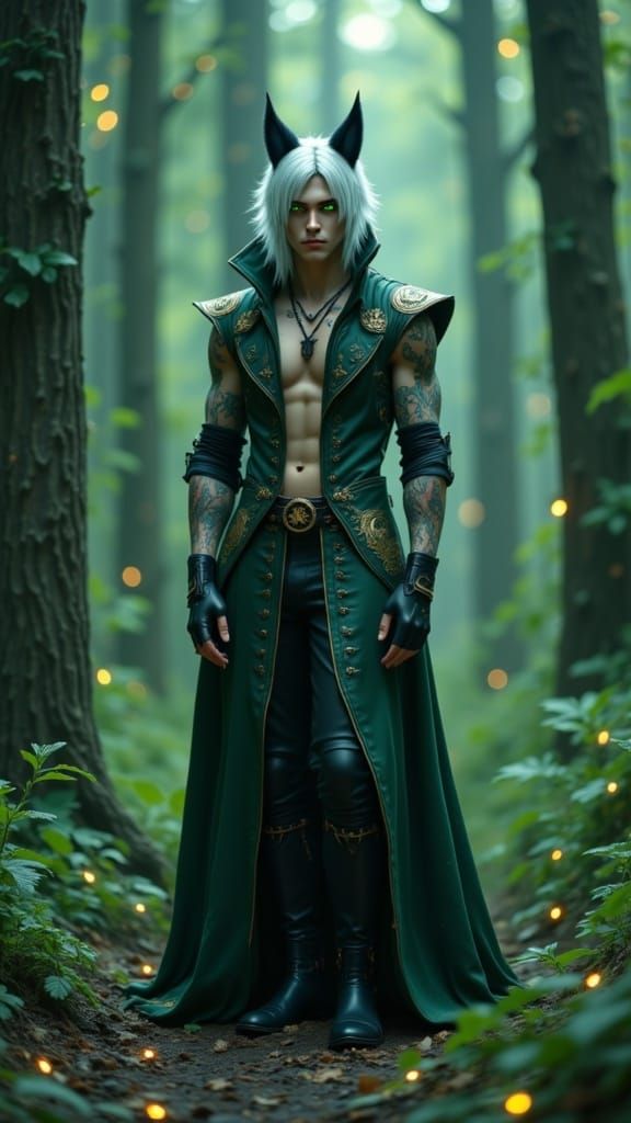 Dark Fantasy Man-Kitsune Priest in Enchanted Forest
