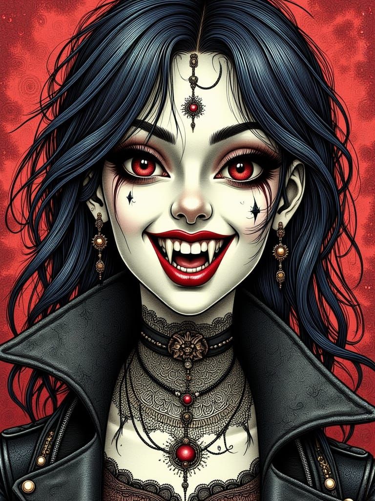 Gothic Punk Vampire with Whimsical Smile
