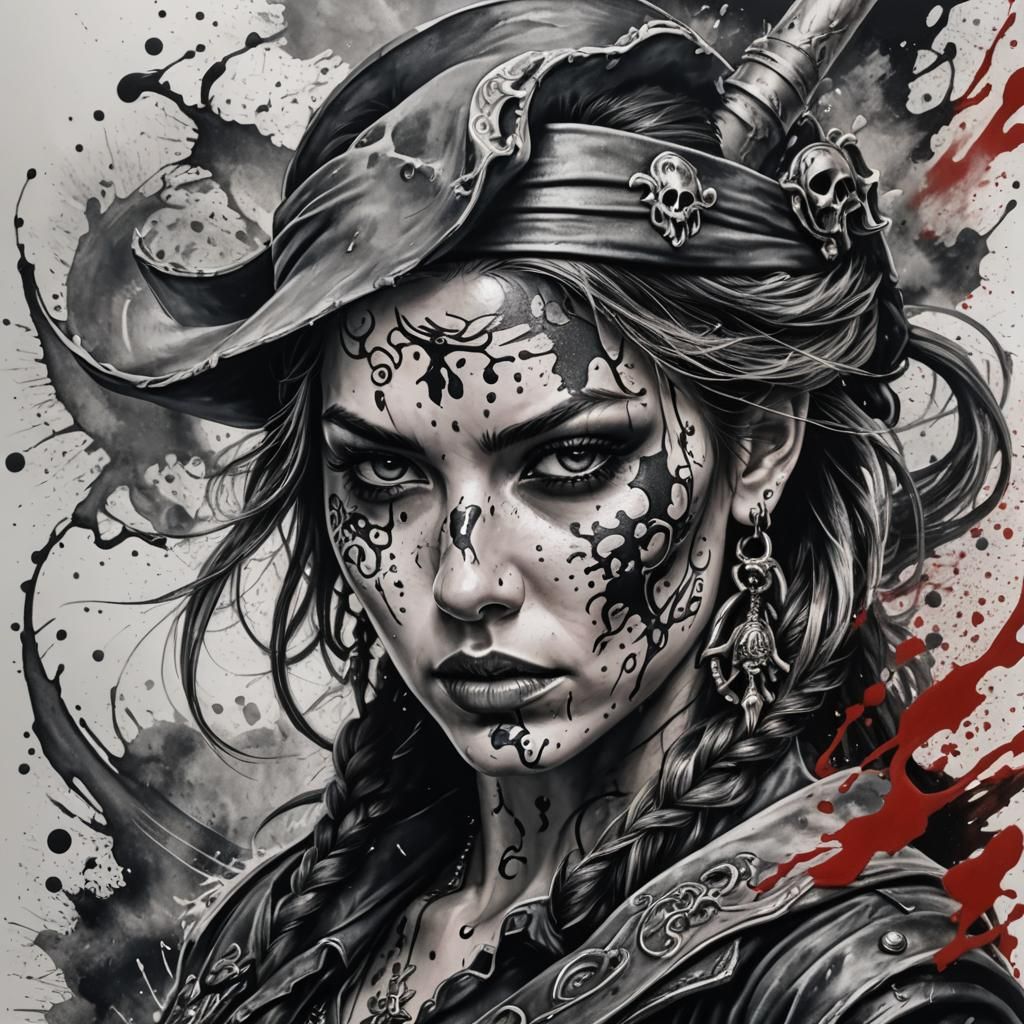 Pirate Warrior Woman in Ink Splash Tattoo Art