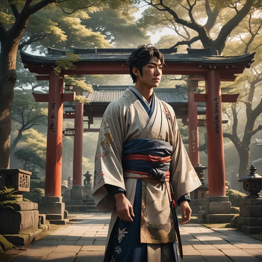 Young Man at Japanese Temple in Anime Style