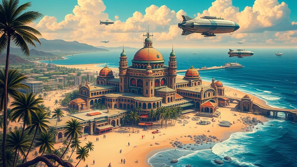 Tropical Cyberpunk Fortress with Steampunk Airships