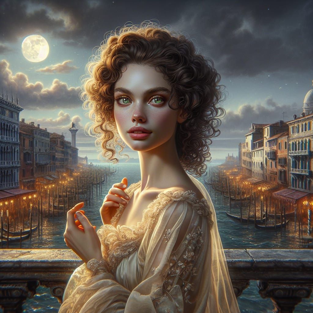 Renaissance Woman Overlooking Venice in Moonlight