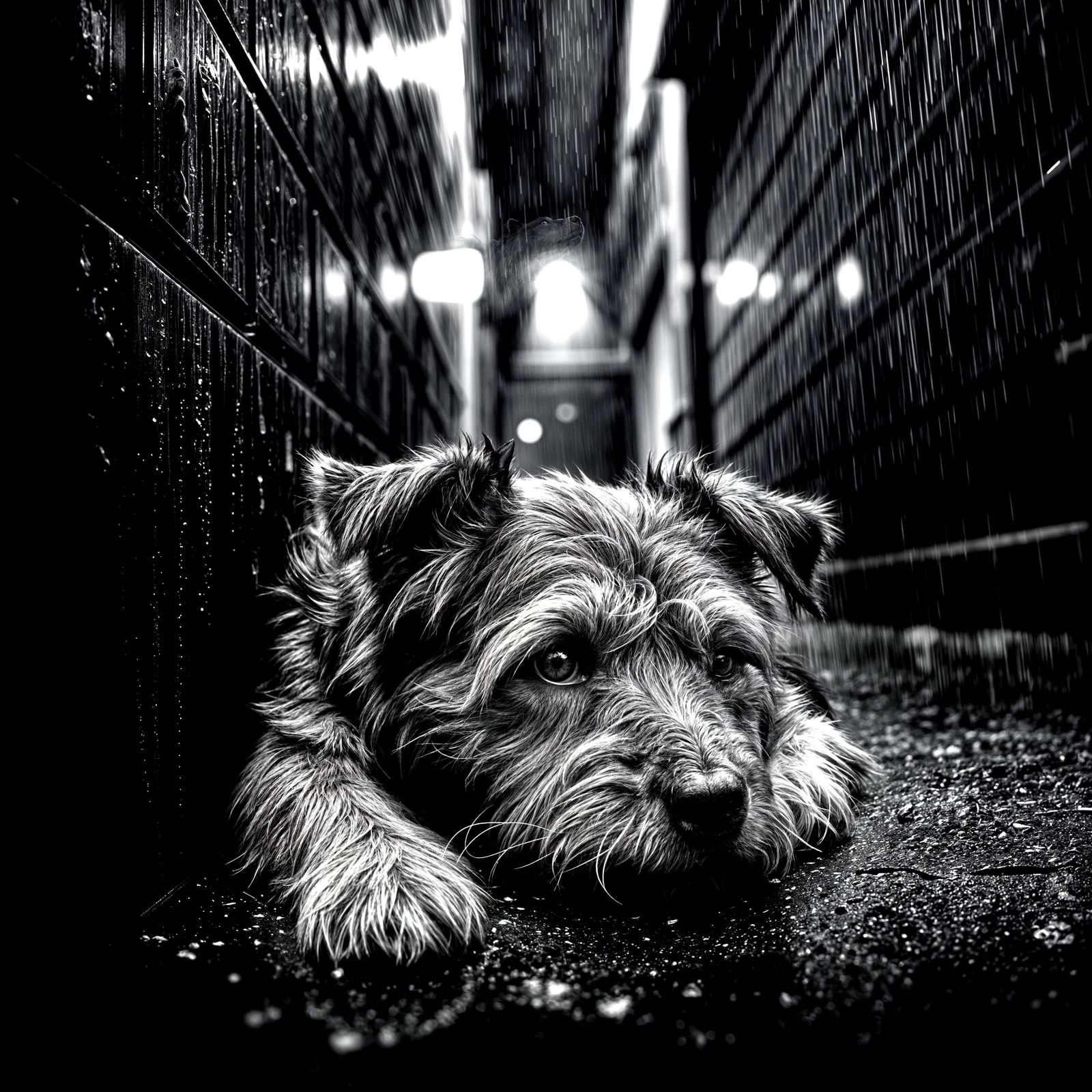 Sad Terrier Dog in Stormy Alleyway Photo