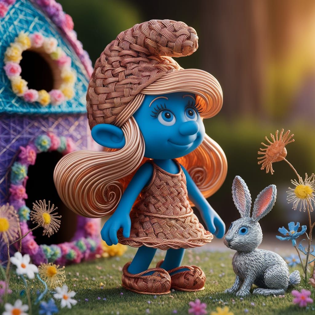 Woven Wire Smurfette Sculpture in a Whimsical Landscape