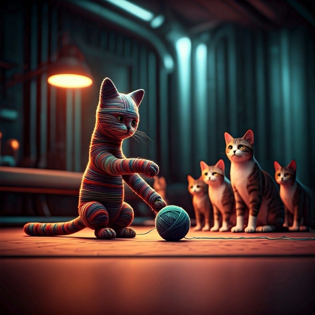 Yarn Cat Amuses Confused Felines: Hyperrealistic 8K