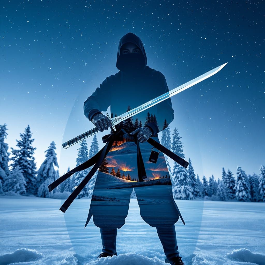 Surreal Ninja Warrior Silhouette Blends with Enchanting Wint...