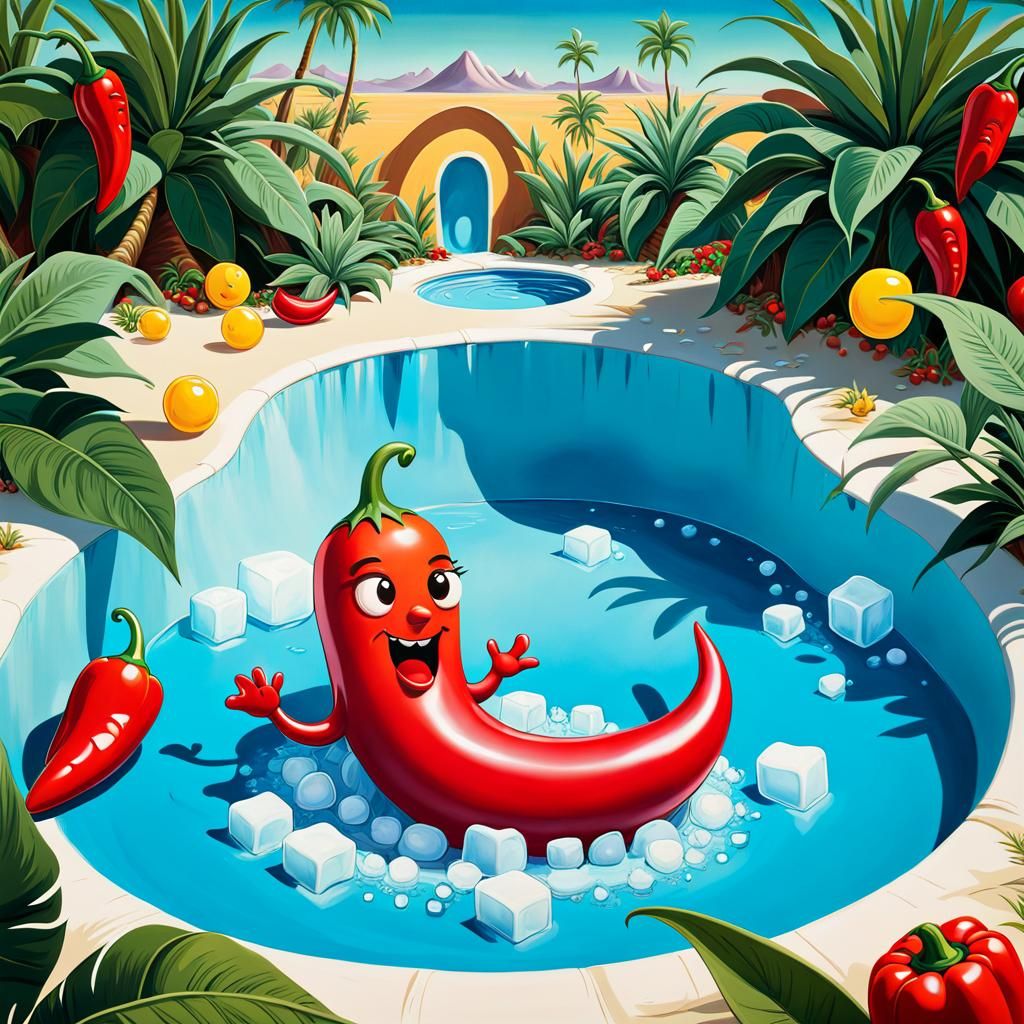 Chibi Chili Pepper Oasis: Surreal Oil on Canvas