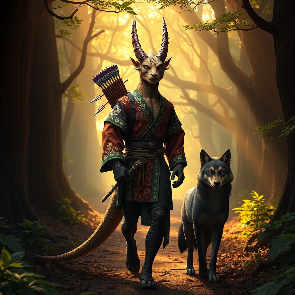 Regal Dragonborn Warrior in Mystic Eastern Kimono, Walking T...