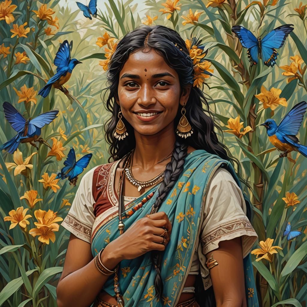 Smiling Indian Woman with Lovebirds in 3D Art