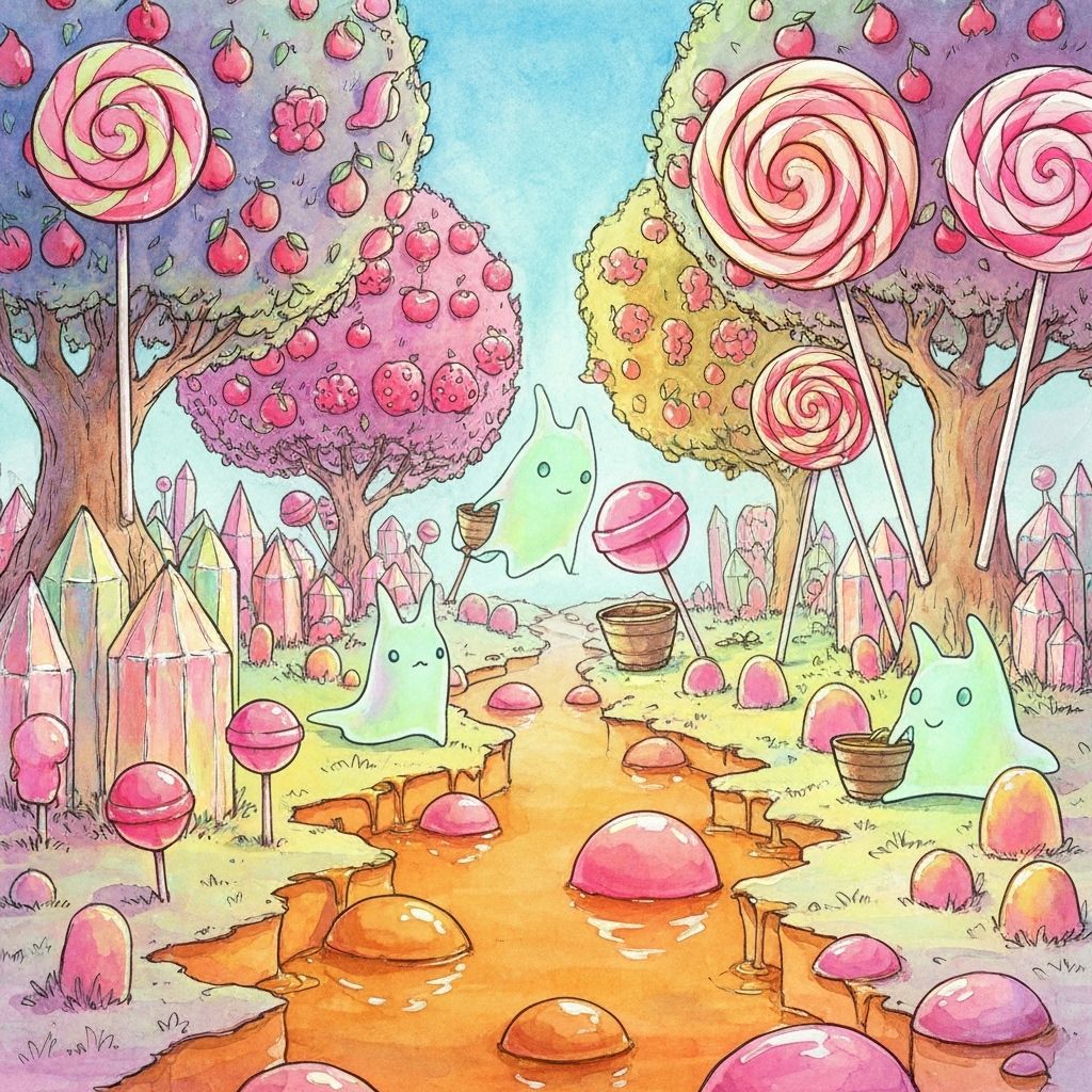 Dreamlike Orchard of Living Sweets with Spectral Harvesters