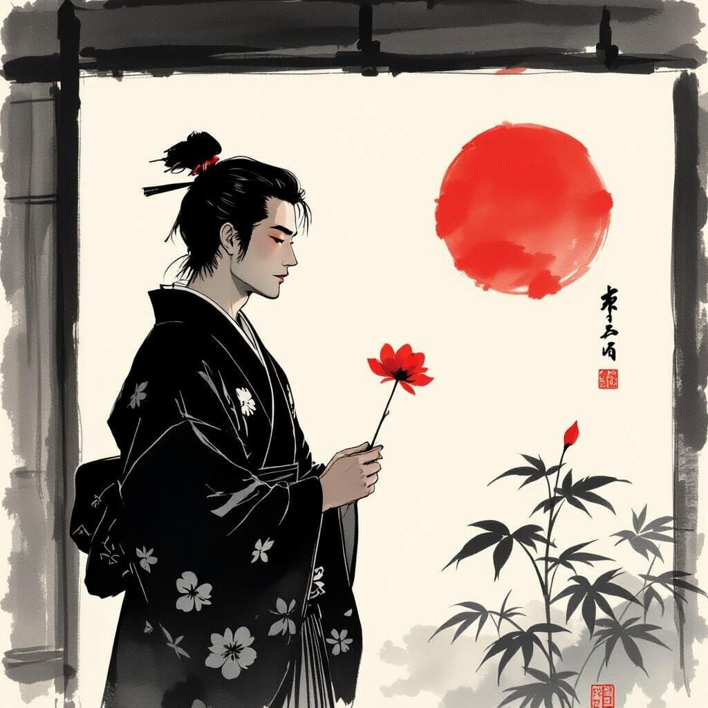 Lonely Man Gazing at Flower in Sumi-e Style