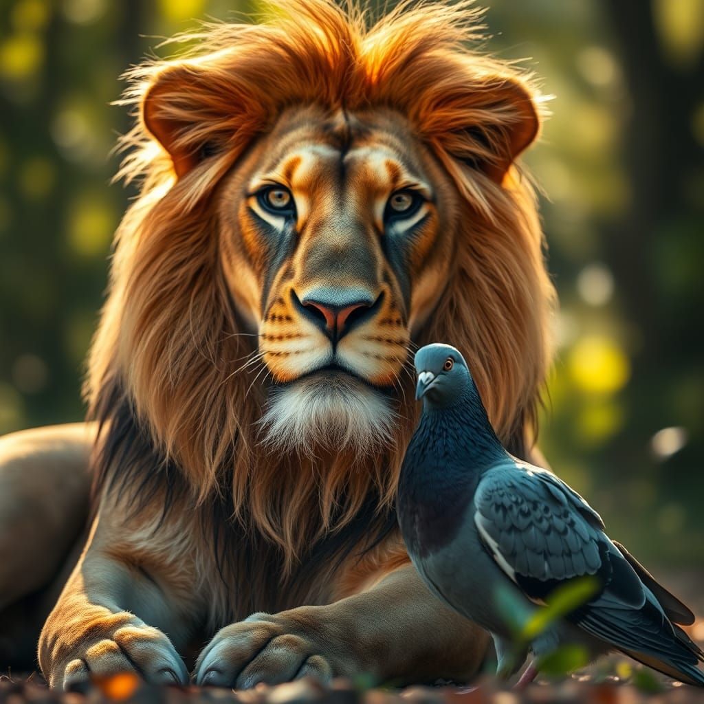 Lion and Pigeon Portrait in Hyper-Realistic Style