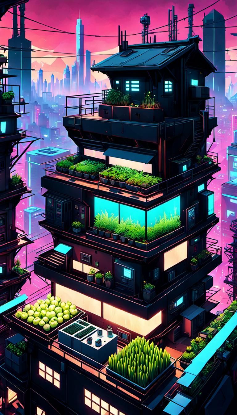 Cyberpunk Rooftop Urban Farm in Vector Art Style