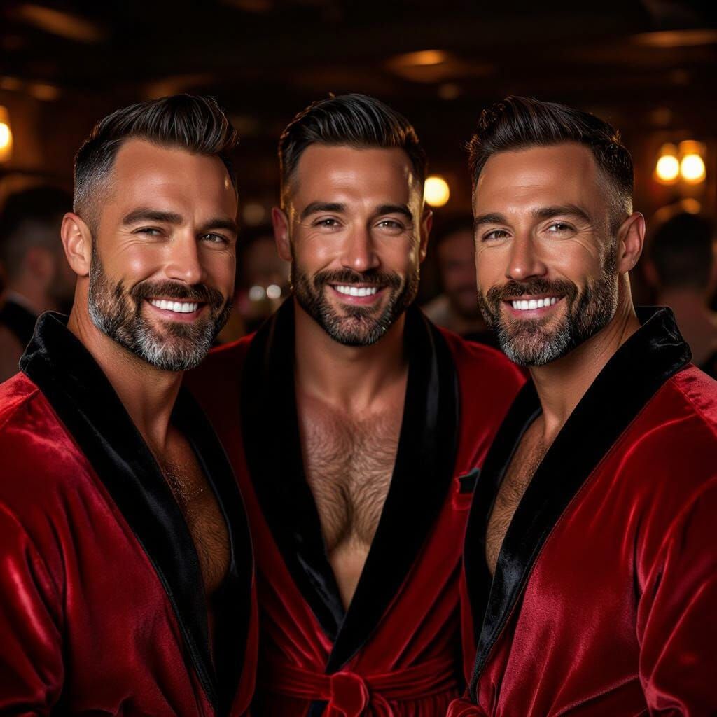 Three Men in Red Velvet Bathrobes at Pub