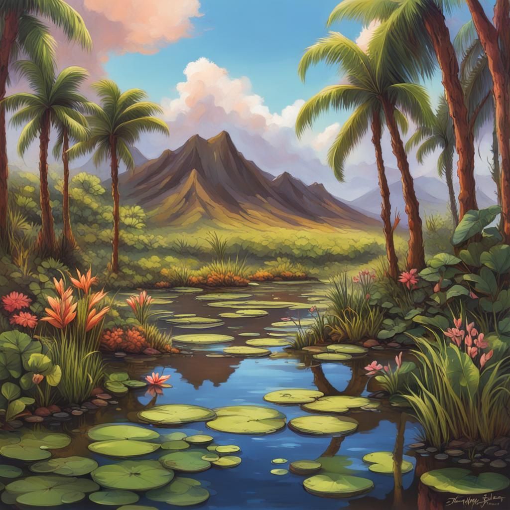 Hyper Maximalist Hawaiian Pond Scene