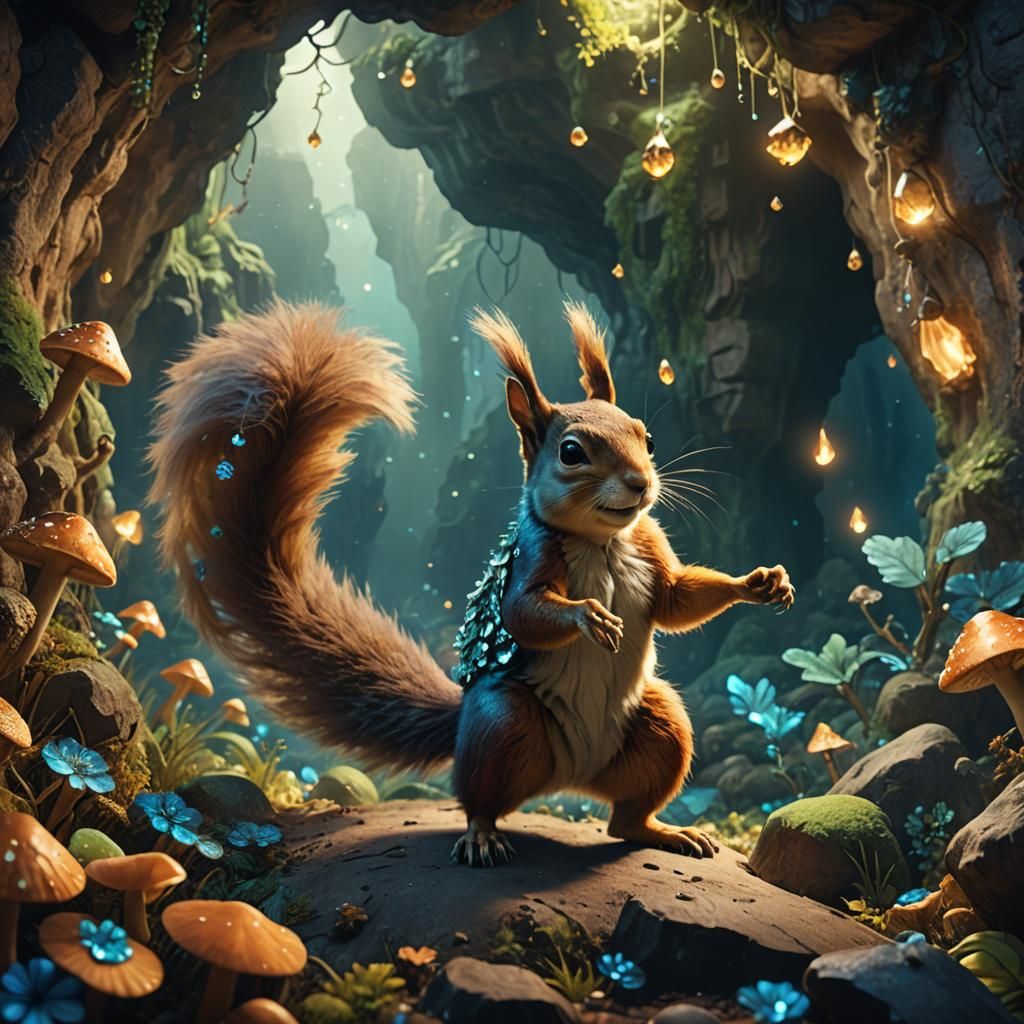 Squirrel Dancing in Mystical Cave: Fantasy Concept Art