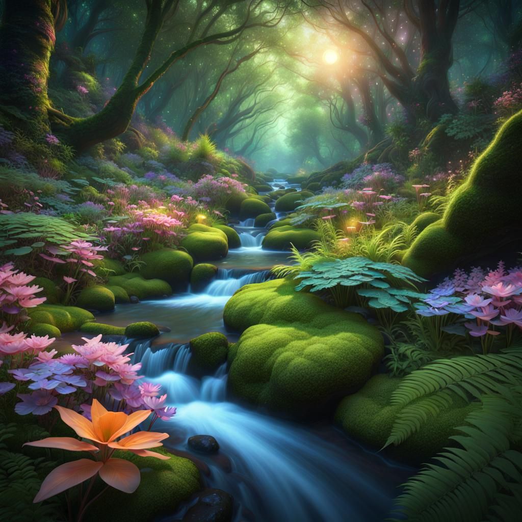 Enchanted Flower Forest Stream Under Starry Sky