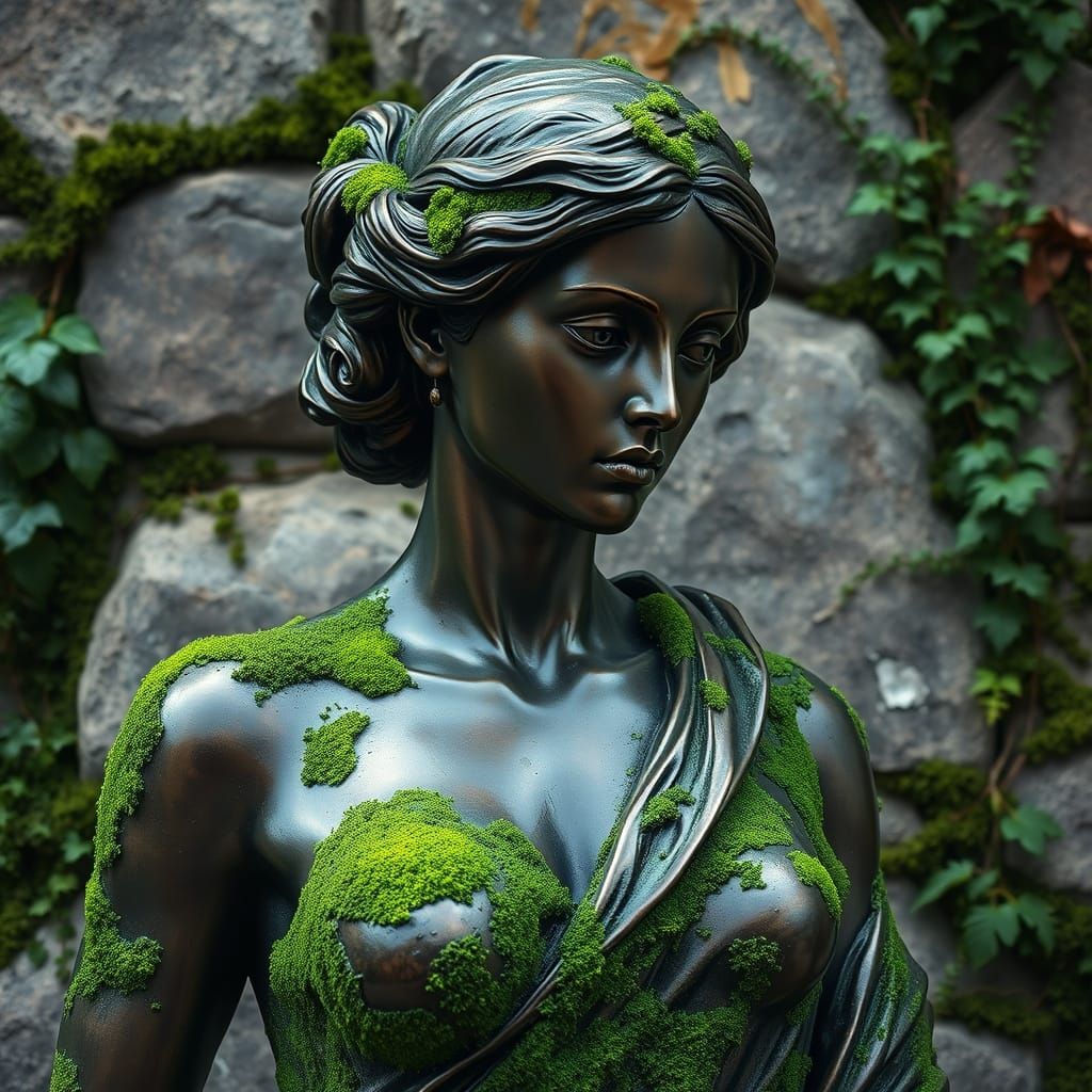Surreal Bronze Statue of Woman Overgrown with Moss