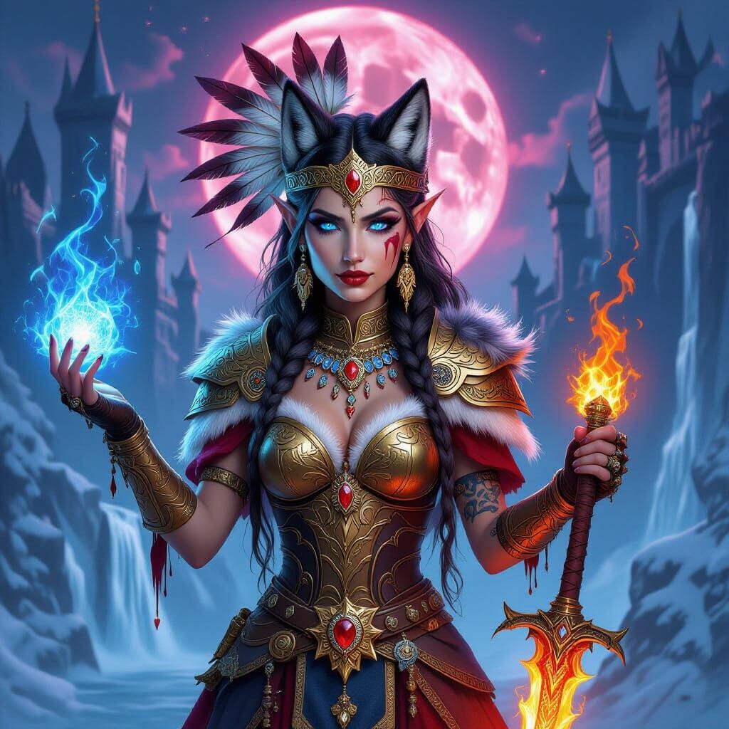 Goddess Warrior with Wolf-Owl Face and Viking Armor