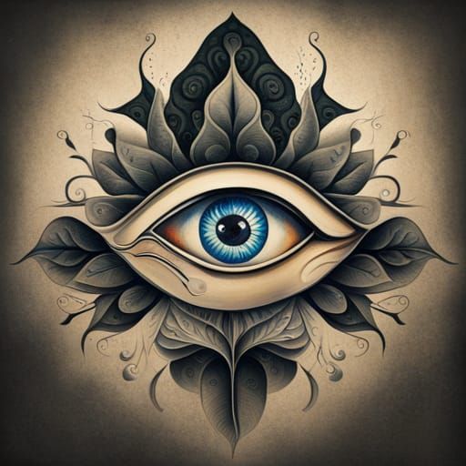 Surreal Lotus Flower and Evil Eye Tattoo
