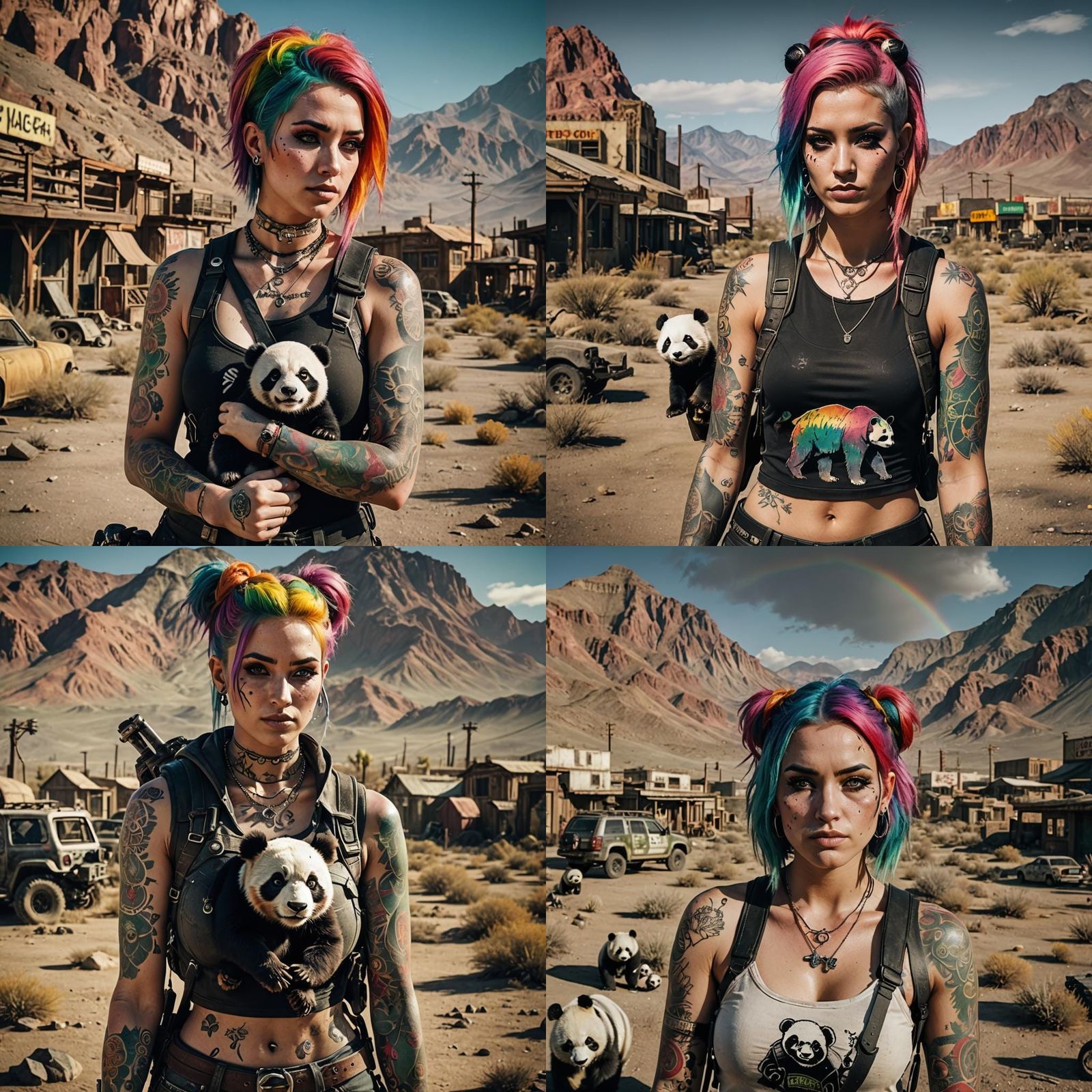 Rainbow-Haired Woman with Panda in Fallout Setting