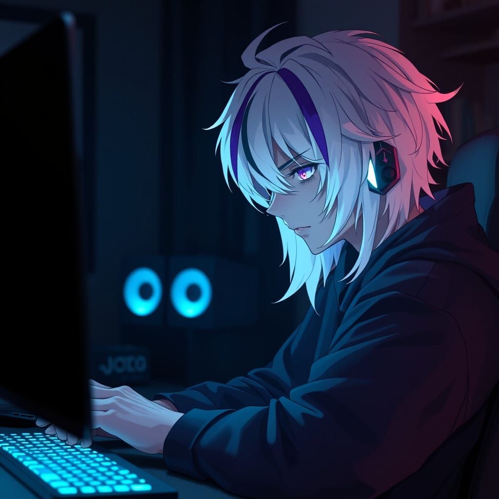 Determined Anime Gamer in the Shadows