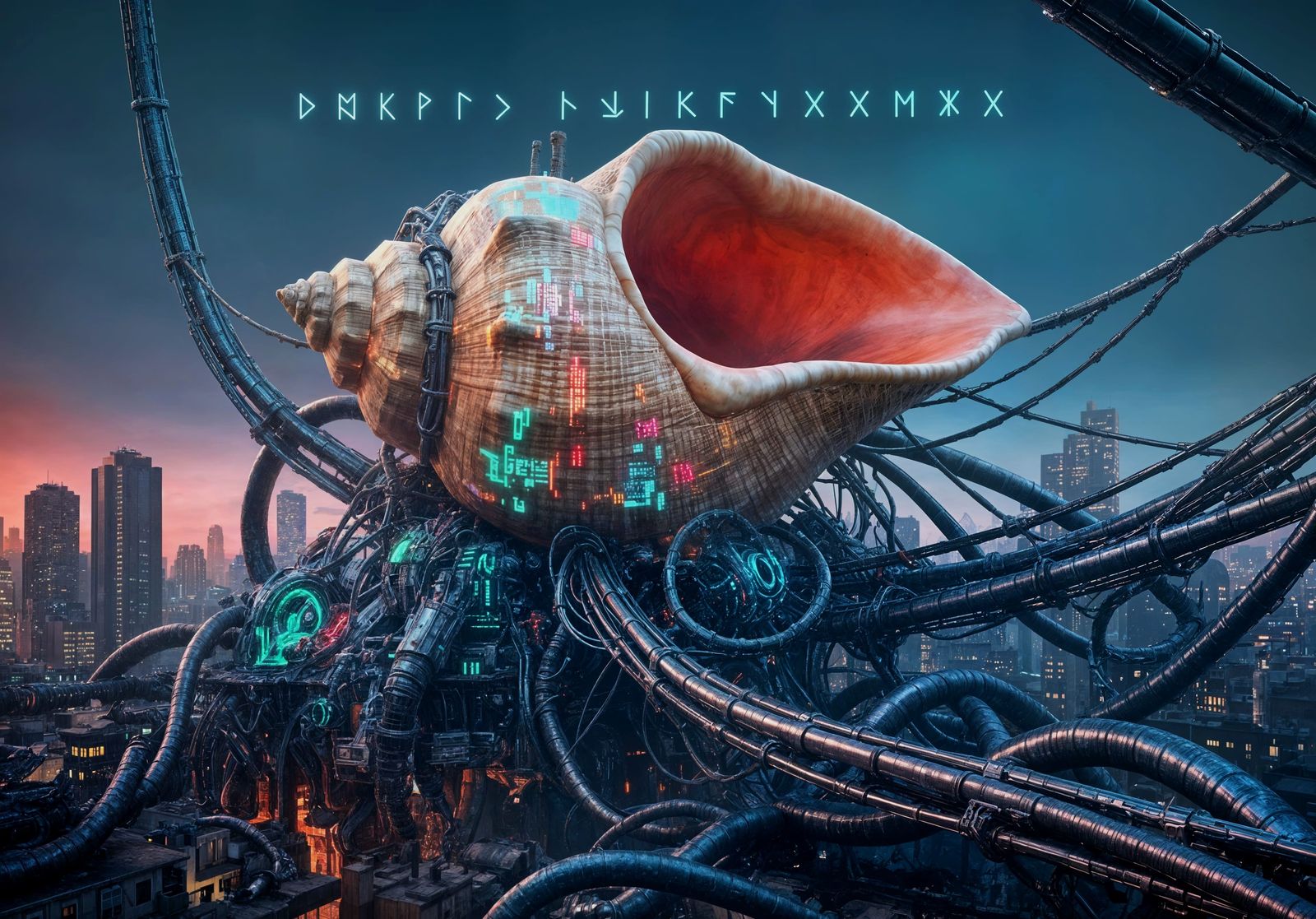 Giant Cybernetic Conch Shell Over City