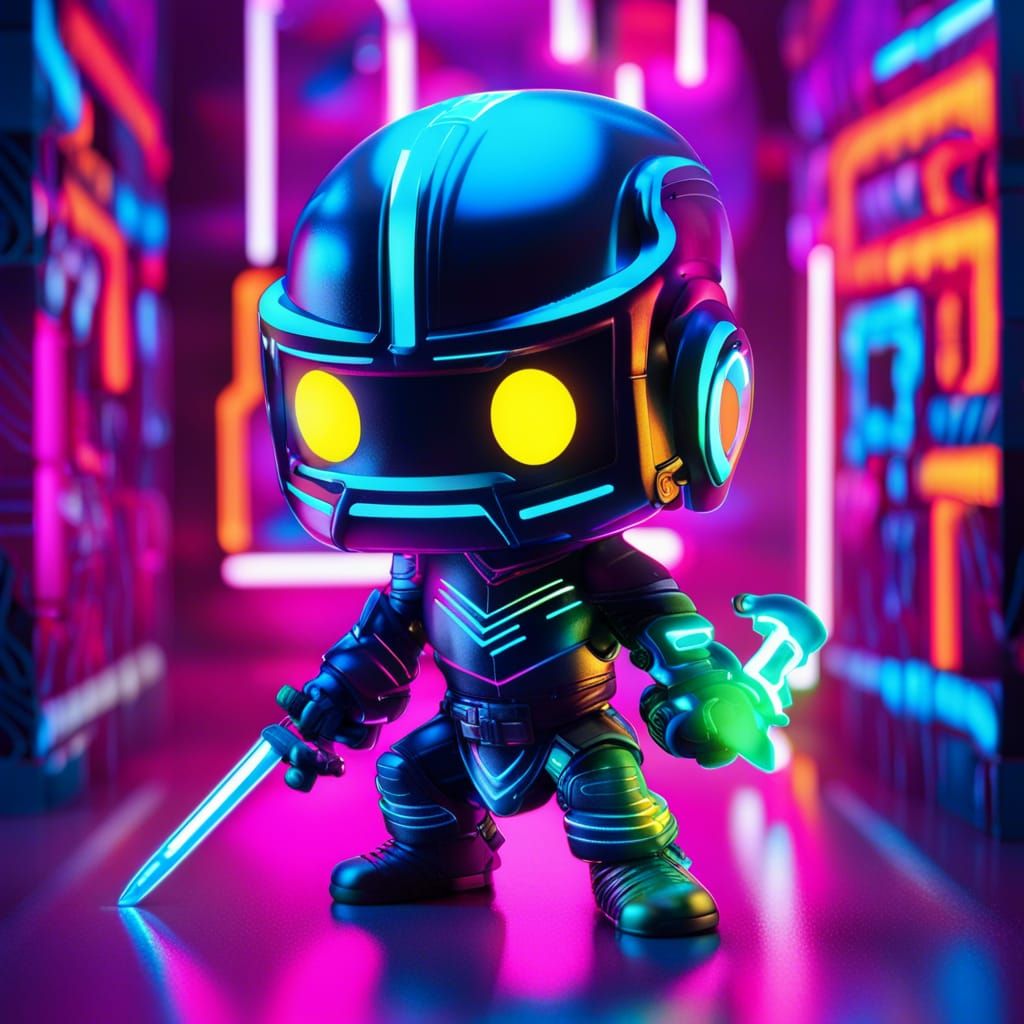 Funko Knight with Neon Sword in Cyberpunk Chamber