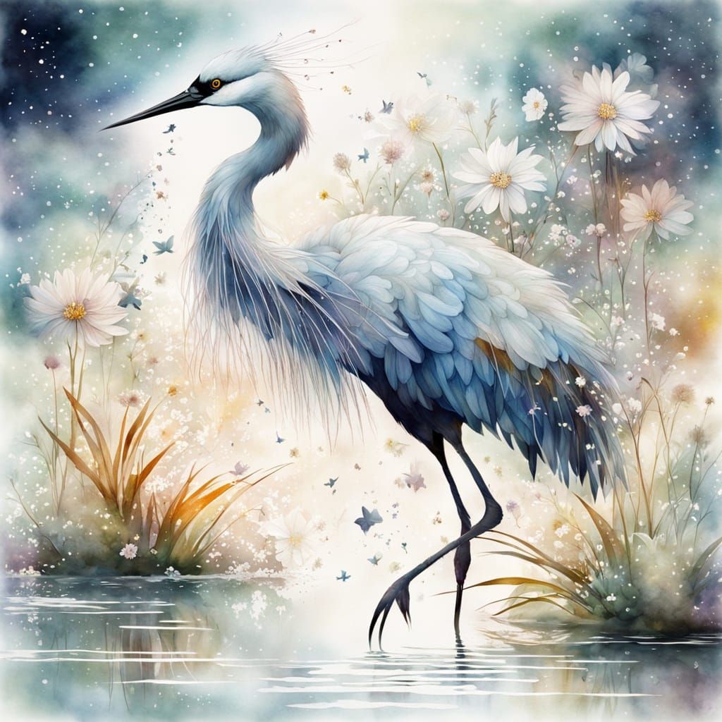 Surreal Crane Dance in Watercolor Style