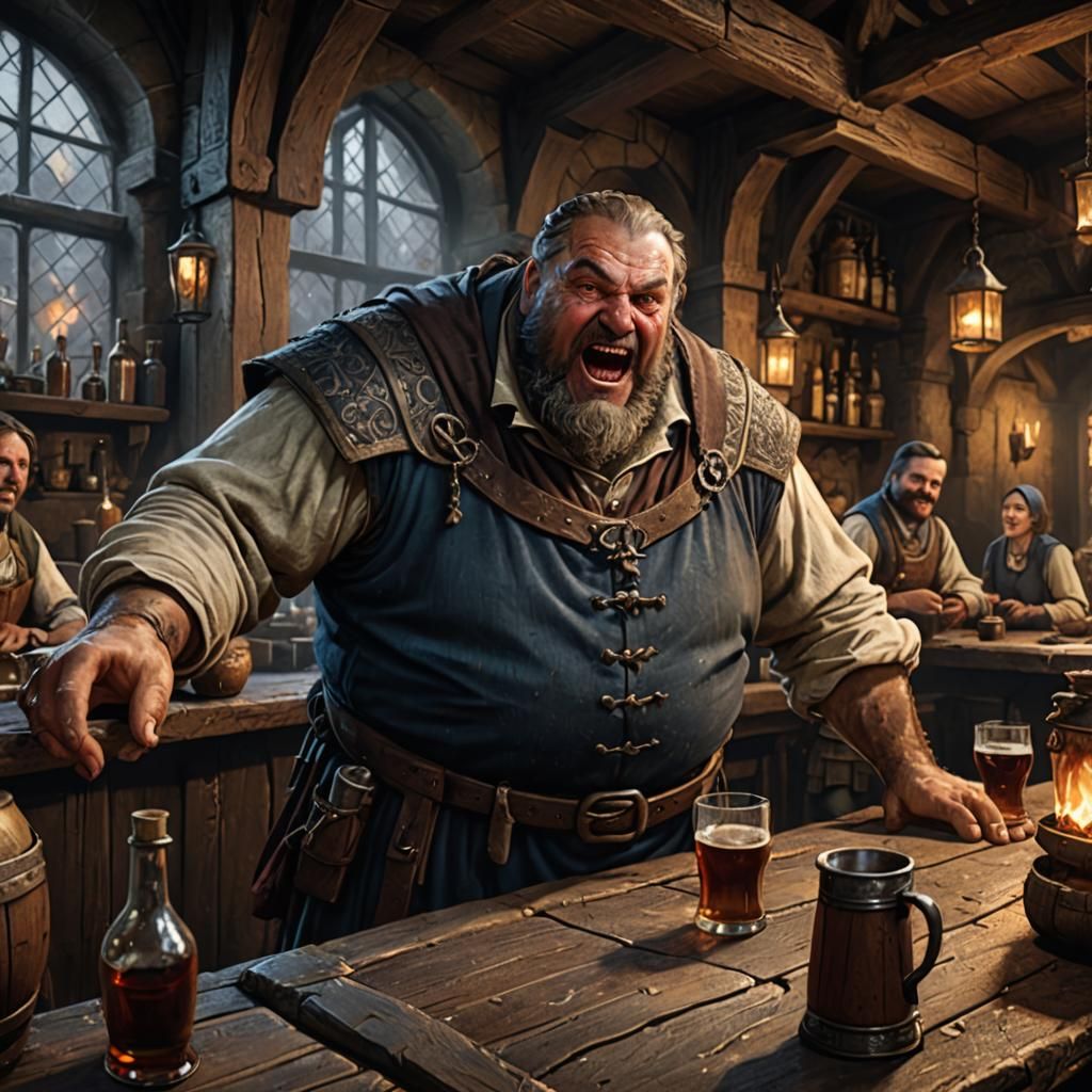 Medieval Innkeeper Shouts at Daughter: Fantasy Concept Art