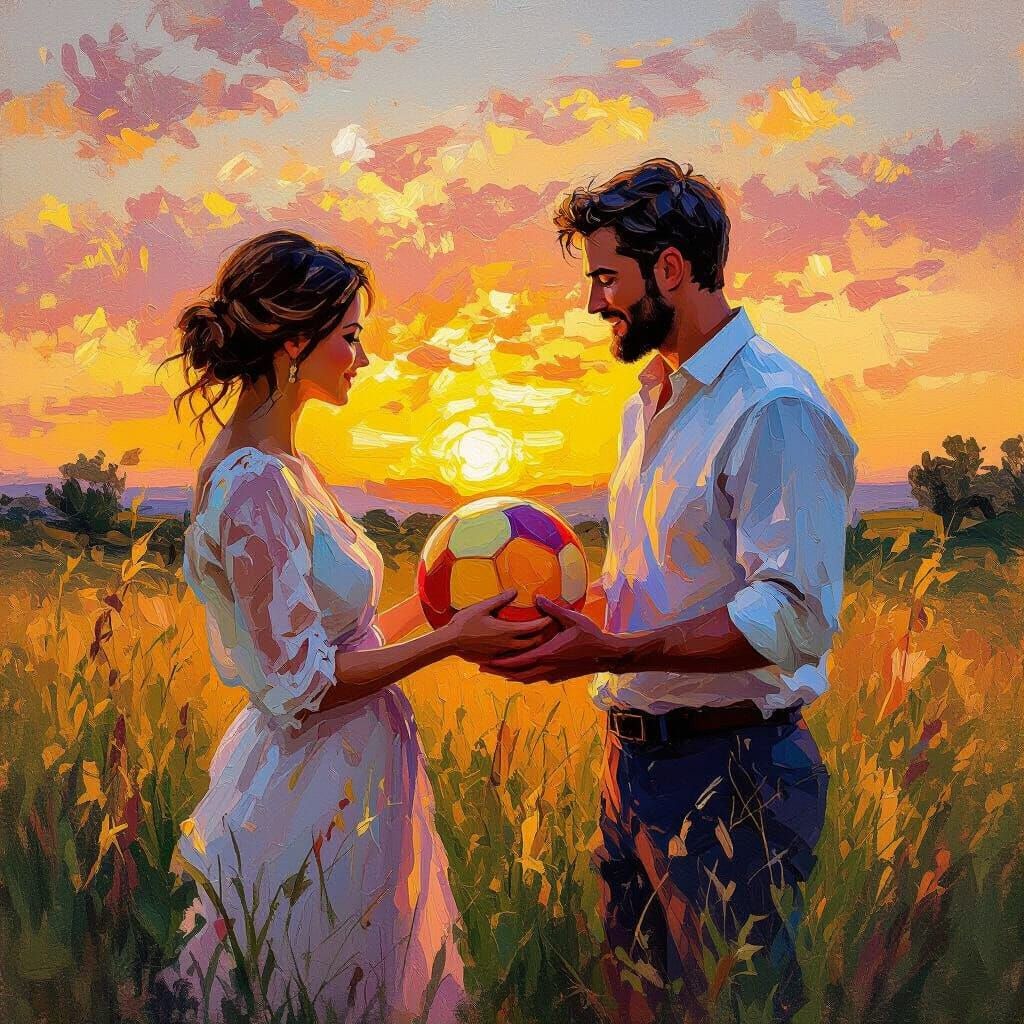 Sunset Scene: Family Watches Ball in Impressionistic Oil Pai...