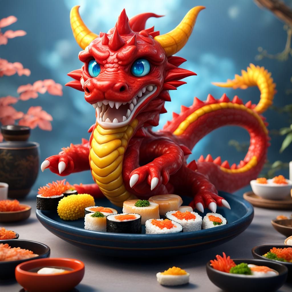 Red Dragon with Sushi, Fantasy Concept Art